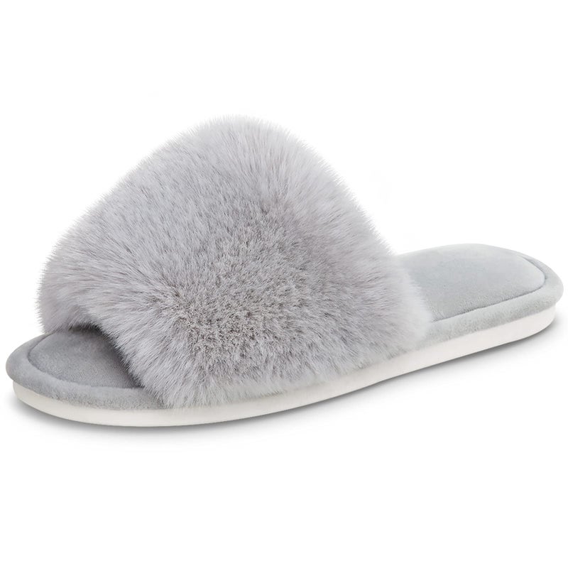 Parlovable Women's Faux Fur Slippers Fuzzy Flat Spa Fluffy Open Toe House Shoes Indoor Outdoor Slip on Memory Foam Slide Sandals Grey 7-8 - Image 1